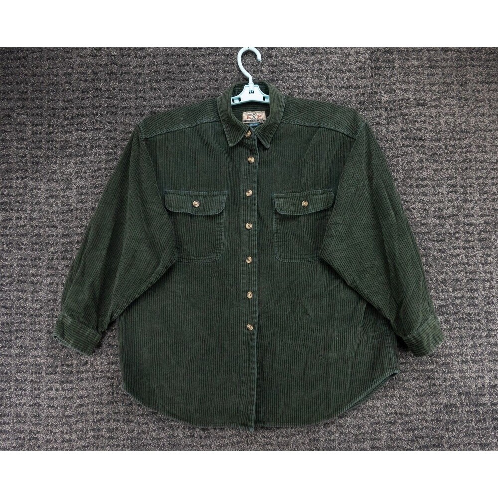 Vintage Express Shirt Womens Medium Green Oversized Long Sleeve Corduroy Casual